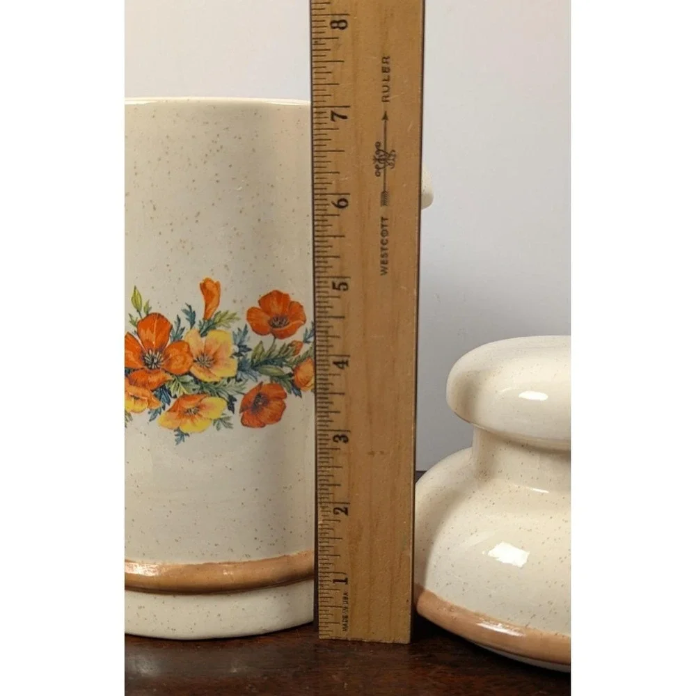 Vintage Ceramic Floral Canister Poppy Decal Speckled Glaze